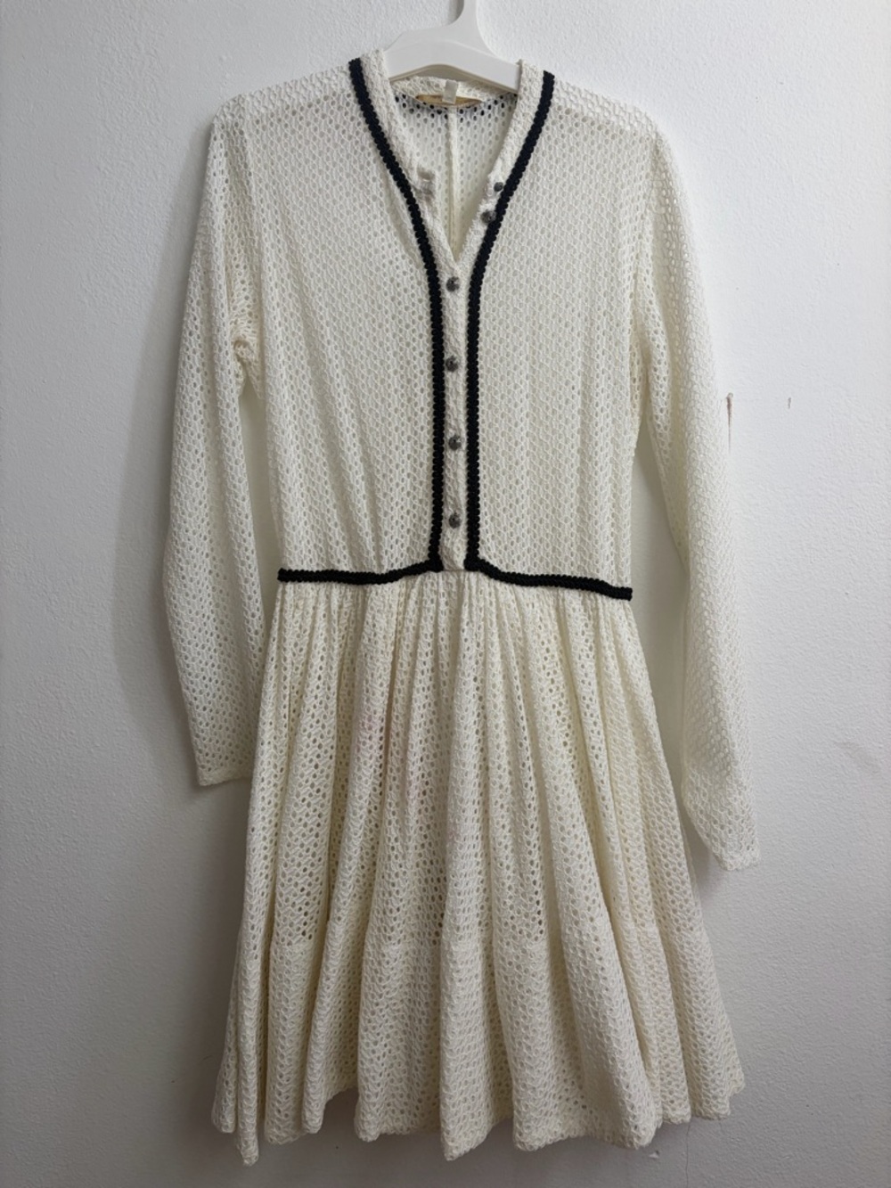 MAJE Cream Knit Long-Sleeve Dress with Black Trim
